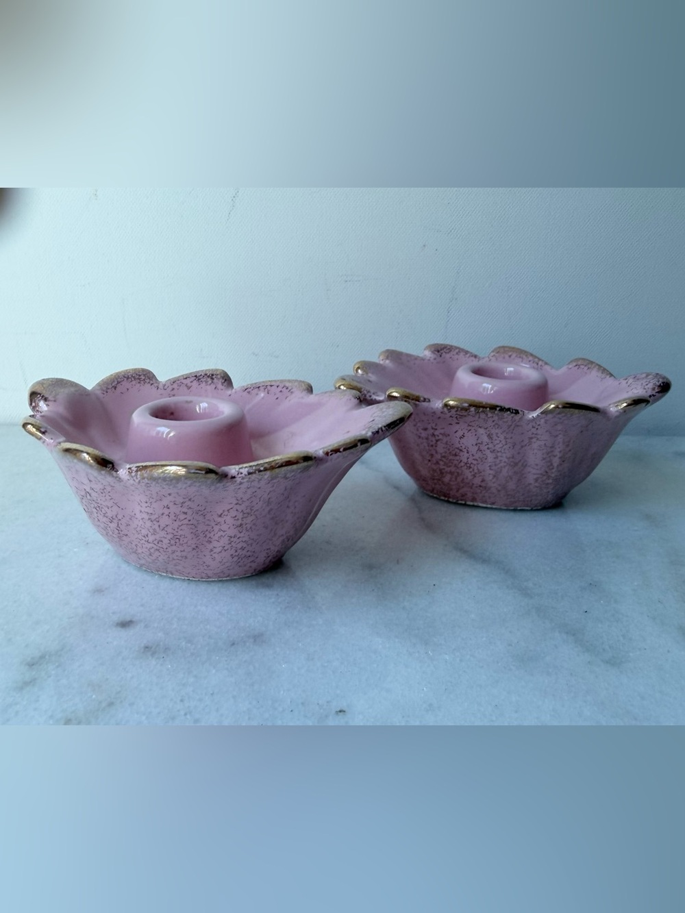 Vintage Mid-Century Pink & Gold Leaf Candle Holders - Set of 2 California Potter